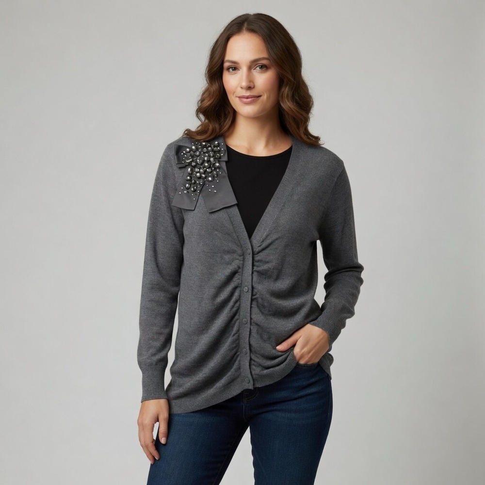 NWOT Loft Stunning Gray Cardigan with Jeweled Bow Accent Sz XL